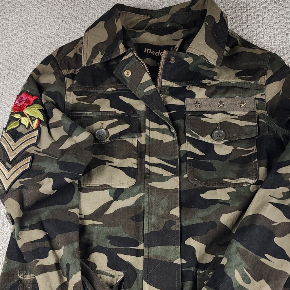 Madden Girl Camo Utility Jacket Med Rose Patch Military Field Coat Green Cotton